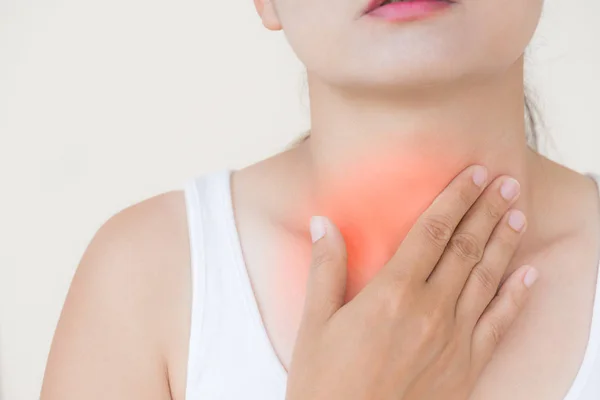 Sore Throat Closeup Beautiful Young Woman Hand Touching Her Ill — Stock Photo, Image