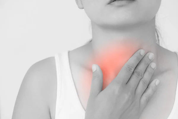 Sore Throat Closeup Beautiful Young Woman Hand Touching Her Ill — Stock Photo, Image