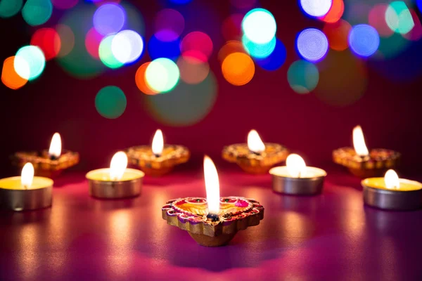 Happy Diwali Clay Diya Lamps Lit Dipavali Hindu Festival Lights — Stock Photo, Image