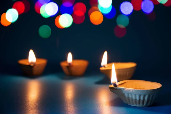 Happy Diwali Clay Diya Lamps Lit Dipavali Hindu Festival Lights — Stock Photo, Image