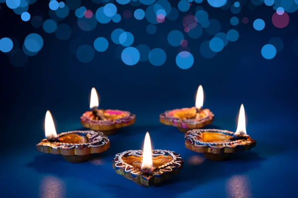 Happy Diwali Clay Diya Lamps Lit Dipavali Hindu Festival Lights — Stock Photo, Image