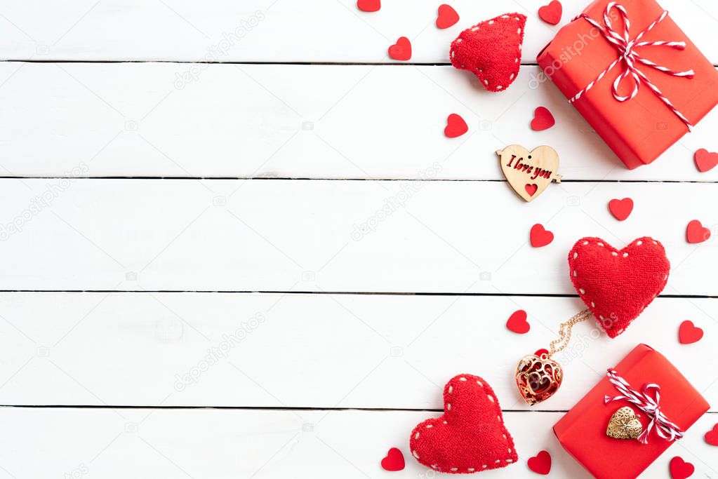 Valentines day background concept. Top view of Red gift box with