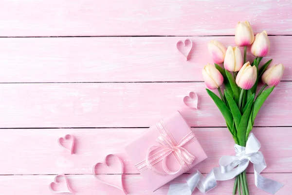 Valentines Day Love Concept Pink Paper Hearts Gift Box Tulips — Stock Photo, Image