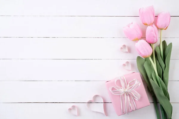 Valentines Day Love Concept Pink Paper Hearts Gift Box Tulips — Stock Photo, Image