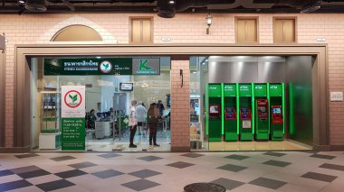 Chon Buri, Tayland - 21 Aralık 2018: Kasikornthai banka, Terminal 21 Pattaya şube. Kasikornbank kamu şirketi Limited olarak da bilinen yılan banka ya da Kbank en büyük bankacılık ve finans grubu Tayland.