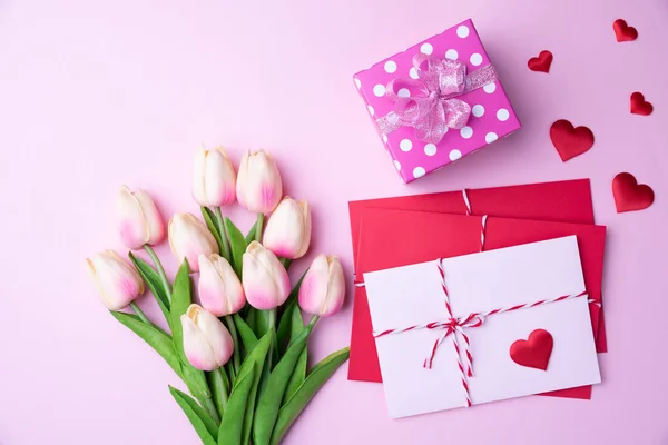 Valentines Day Love Concept Pink Tulips Gift Box Red Heart — Stock Photo, Image