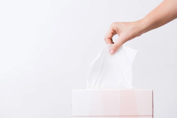 Healthcare Concept Woman Hand Picking White Tissue Paper Tissue Box — Stock Photo, Image