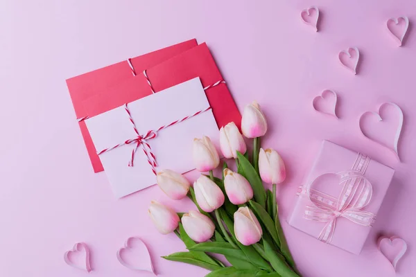 Valentines Day Love Concept Pink Tulips Gift Box Heart Red — Stock Photo, Image