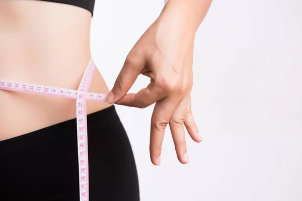 Fette Frau Hand Taille Mit Weißem Maßband Messen Übergewicht Reduzieren — Stockfoto