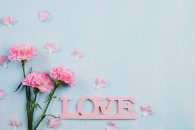 Sevgililer günü ve aşk kavramı. Pembe karanfil çiçek, ahşap harf kelime pastel mavi arka plan üzerinde kırmızı kalp ile yazılmış aşk şekillendirme.