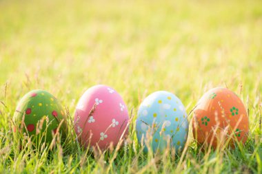 Mutlu paskalyalar! Closeup Yeşil gra üzerinde yuvarenkli Paskalya yumurtaları