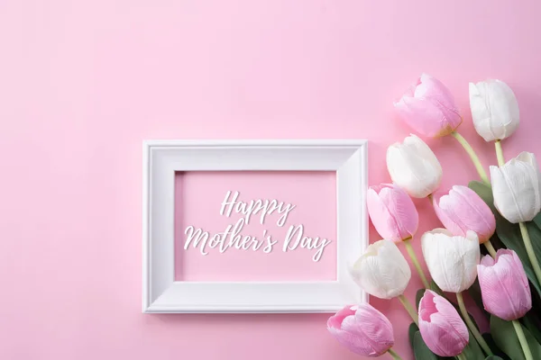 Happy mothers day concept. Top view of pink tulip flowers — Stock Photo, Image