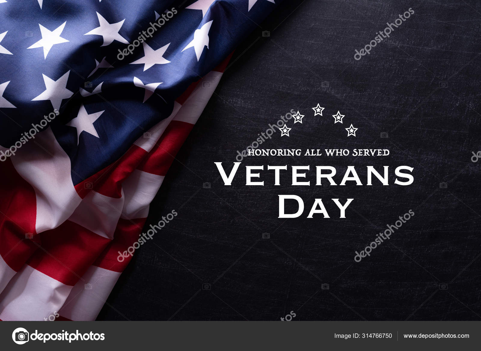 Feliz Día de los Veteranos. Banderas estadounidenses con el texto gracias  veteranos en un fondo pizarra. 11 de noviembre . — Foto de stock #314766750  © spukkato, image size:1600x1168