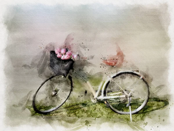 Watercolor painting Beautiful white bicycle with pink tulip on green grass field. illustration.