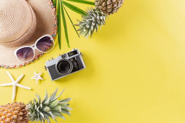 Renkli yaz ve tatil konsepti, hasır şapka, güneş gözlükleri, palmiye dalları, ananas, yıldız balığı ve sarı arka planda retro kamera..
