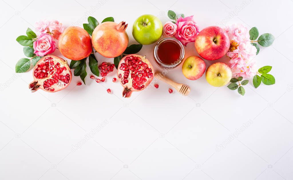 Rosh hashanah (jewish New Year holiday), Concept of traditional or religion symbols on white background.