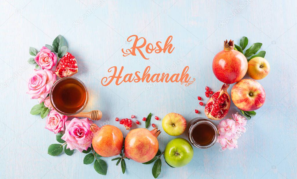Rosh hashanah (jewish New Year holiday), Concept of traditional or religion symbols on pastel blue background.