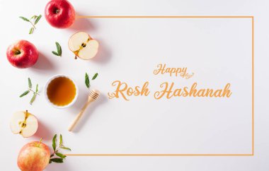 Rosh hashanah (Yahudi Yeni Yıl Tatili), beyaz arka planda geleneksel veya din sembolleri kavramı.