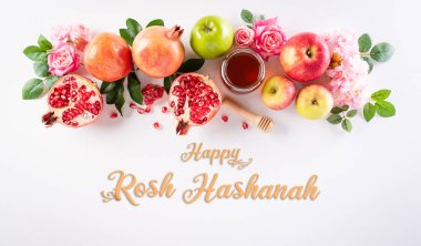 Rosh hashanah (Yahudi Yeni Yıl Tatili), beyaz arka planda geleneksel veya din sembolleri kavramı.