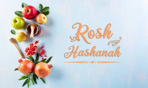 Rosh Hashanah Yahudi Yeni Yıl Tatili Pastel Mavi Arka Planda — Stok fotoğraf