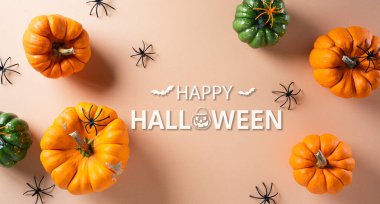 Pastel turuncu arka planda balkabağı ve siyah örümcekten yapılmış Cadılar Bayramı süslemeleri. Düz konum, metin için kopyalama alanı olan üst görünüm.