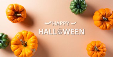 Pastel turuncu arka planda balkabağından yapılmış Cadılar Bayramı süslemeleri. Düz konum, metin için kopyalama alanı olan üst görünüm.