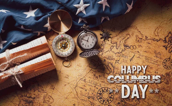 Happy Columbus Day Konzept Amerikanische Flagge Mit Kompass Und Retro — Stockfoto