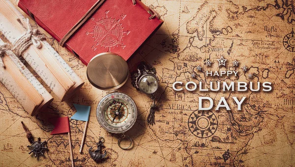 Happy Columbus Day Konzept Amerikanischer Kompass Und Retro Schatzmanuskript Flache — Stockfoto