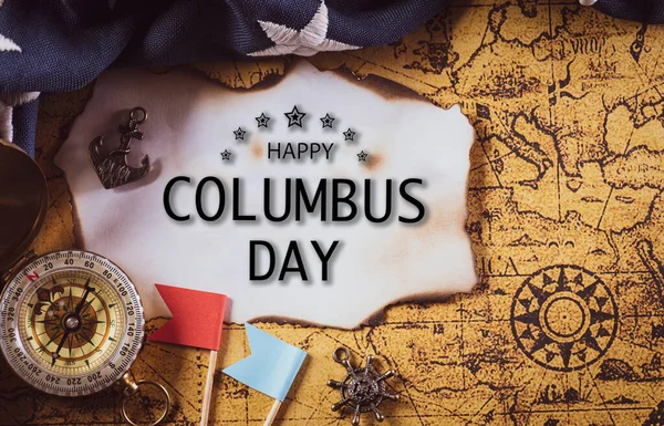 Днем Колумба Винтажный Американский Флаг Компасом Ретро Рукописью Сокровищ Плоский — стоковое фото