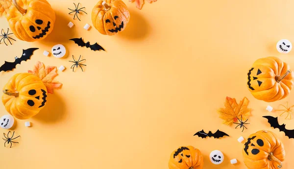 Vista Superior Manualidades Halloween Calabaza Naranja Fantasma Blanco Murciélago Araña — Foto de Stock