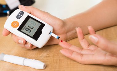 Dünya Diyabet Günü konsepti. Kan ile ellerinizi kapatın şeker testi için kan şekeri seviyesini Glikoz metreye göre kontrol edin.