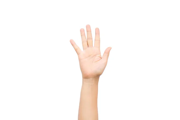 Femme Lever La Main Vers Le Haut Montrant Les Cinq Doigts Sur Fond Blanc Bras Le Travail D Equipe Stock Photo