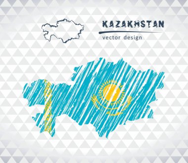 Kazakistan vektör harita içinde bayrak ile beyaz bir arka plan üzerinde izole. Kroki tebeşir el çizilen illüstrasyon