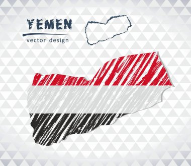Yemen vektör harita içinde bayrak ile beyaz bir arka plan üzerinde izole. Kroki tebeşir el çizilen illüstrasyon