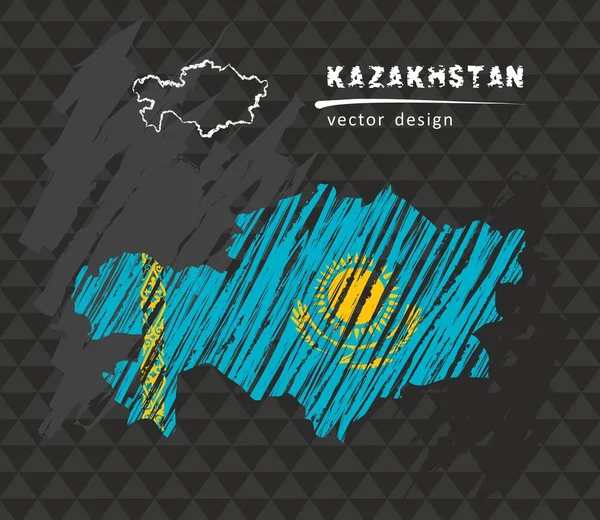 Карта Казахстан Прапором Всередині Чорному Тлі Крейдові Ескізу Векторні Ілюстрації — стоковий вектор