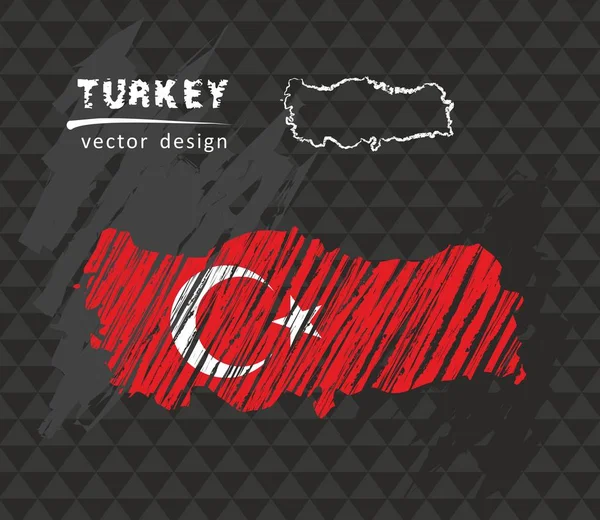Mapa Turquia Com Bandeira Fundo Preto Desenho Giz Ilustração Vetorial — Vetor de Stock