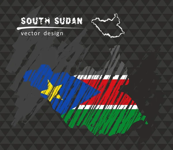 Sudán Del Sur Mapa Con Bandera Interior Fondo Negro Dibujo — Archivo Imágenes Vectoriales
