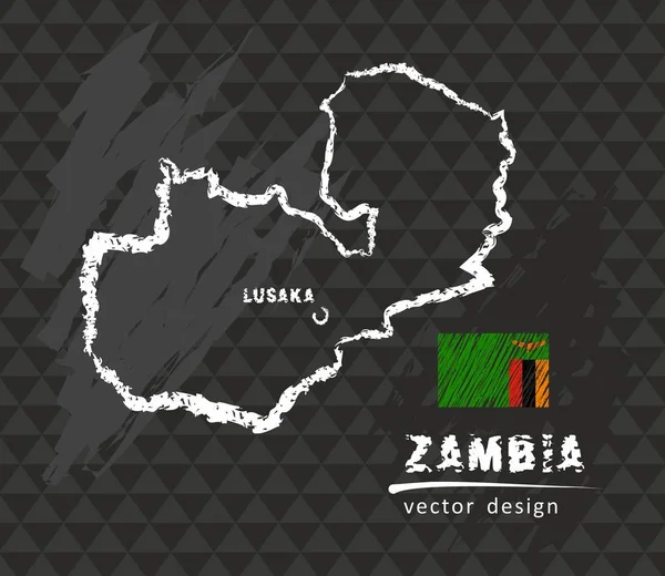 Zambia Mapa Dibujo Pluma Vectorial Sobre Fondo Negro — Vector de stock