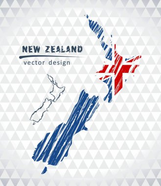 Yeni Zelanda vektör harita içinde bayrak ile beyaz bir arka plan üzerinde izole. Kroki tebeşir el çizilen illüstrasyon