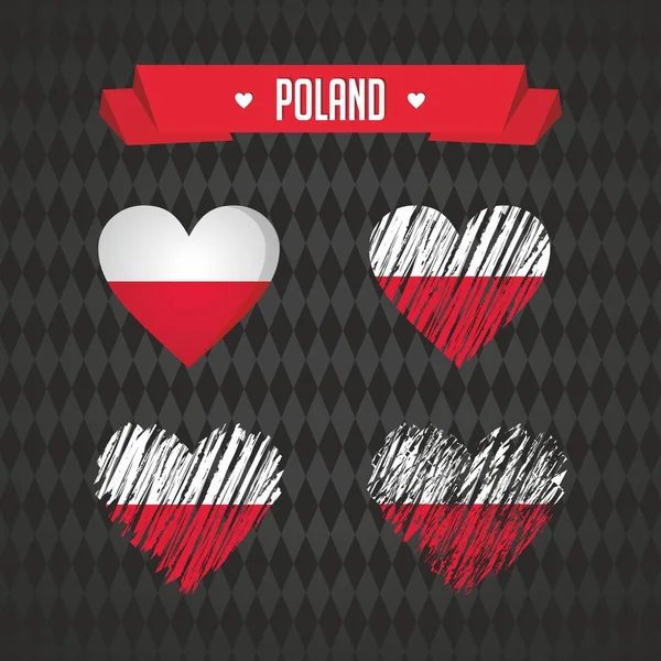Pologne Collection Quatre Coeurs Vectoriels Avec Drapeau Silhouette Coeur — Image vectorielle