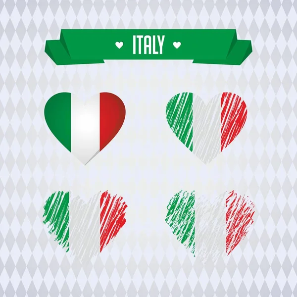 Italia Collezione Quattro Cuori Vettoriali Con Bandiera Silhouette Del Cuore — Vettoriale Stock