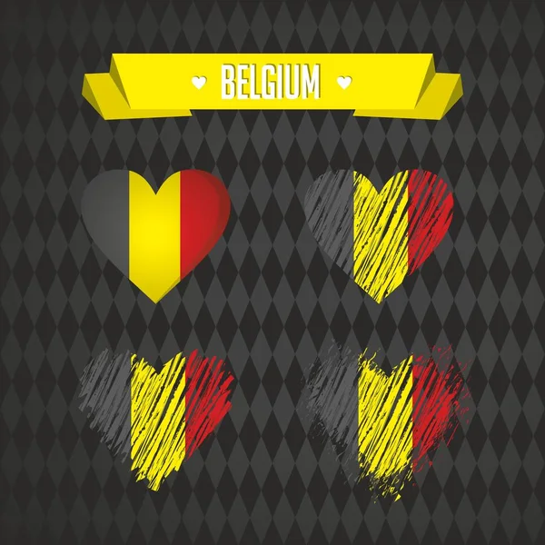 Bélgica Coleção Quatro Corações Vetoriais Com Bandeira Sílhueta Cardíaca — Vetor de Stock