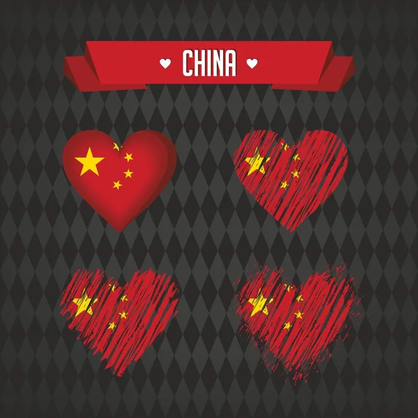 Cina Collezione Quattro Cuori Vettoriali Con Bandiera Silhouette Del Cuore — Vettoriale Stock
