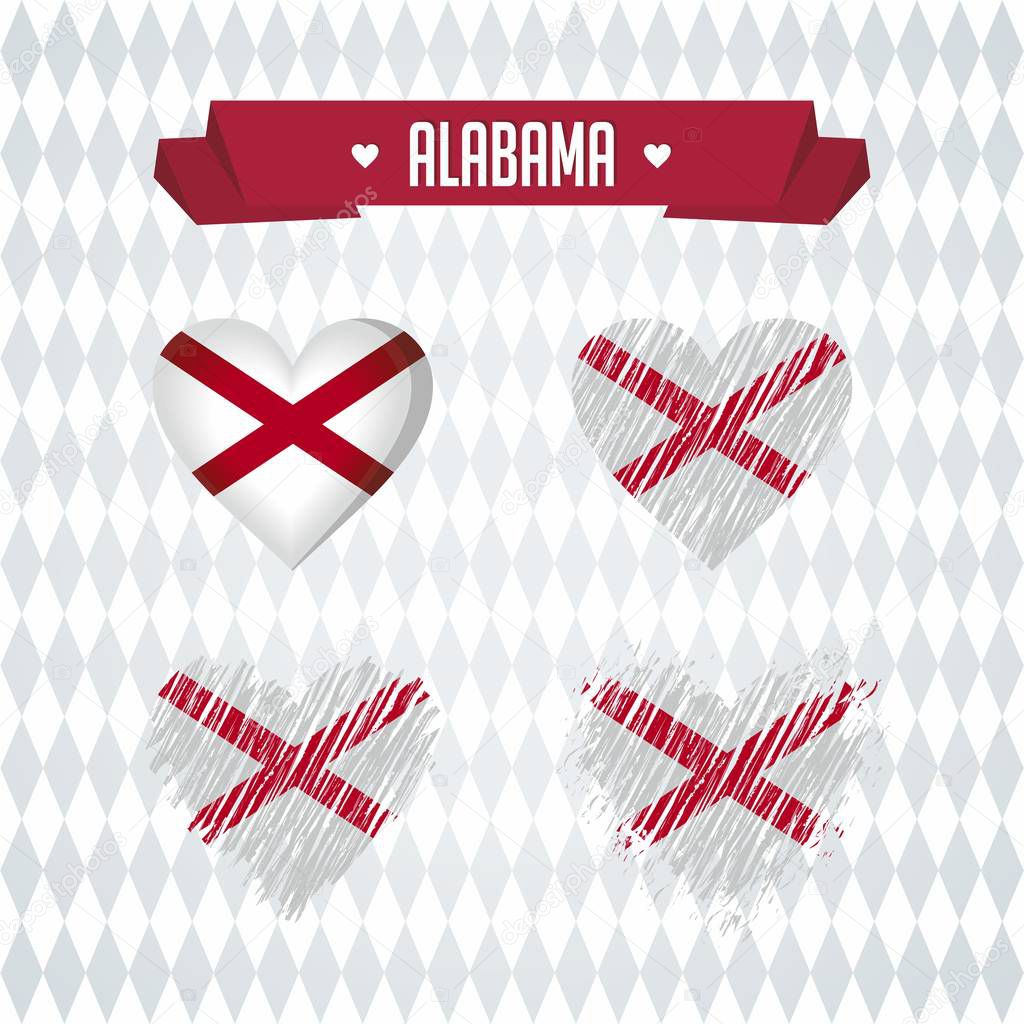 Alabama heart with flag inside. Grunge vector graphic symbols