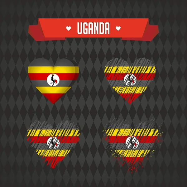 Uganda Colección Cuatro Corazones Vectoriales Con Bandera Silueta Corazón — Archivo Imágenes Vectoriales