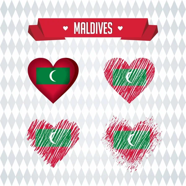 Maldivas Colección Cuatro Corazones Vectoriales Con Bandera Silueta Corazón — Vector de stock