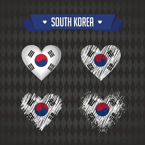 South Korea Collection Four Vector Hearts Flag Heart Silhouette — Stock Vector