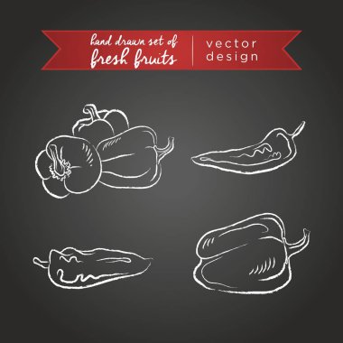 Biber. Taze sebze, Bütün, yarım ayarla ve yaprak ile ısırıldı. Vektör çizim. Tahtaya izole