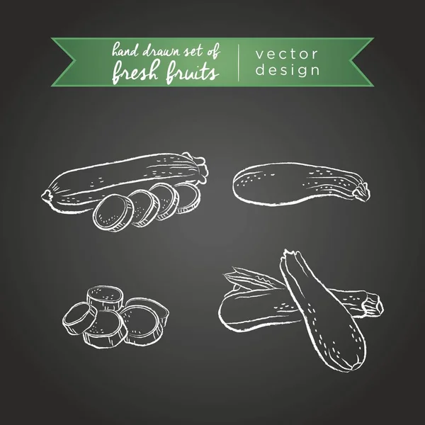 Courgette Set Verdure Fresche Intere Metà Morse Con Foglia Illustrazione — Vettoriale Stock