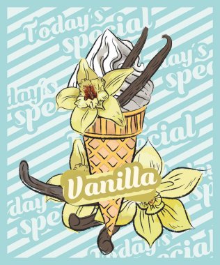 Vanilyalı dondurma kepçesi. Vektör çizim illüstrasyon. Meyvedondurma fikir, konsept